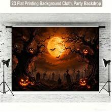 2d Flat Background Cloth, Halloween Pumpkin And Cemetery Scene Background Cloth, Wooden Wall, Hanging Ivy, Butterfly, Flowerpot, Shelf, Banner Background Suitable For Indoor Photo, Very Suitable For Halloween Banner Background. - 1 - View 6