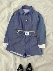 Women's Preppy Striped 2 Pieces Set, Short Long Sleeve Shirt With Elastic Waist Shorts, Suitable For Summer Elegant - Blue and White - View 1