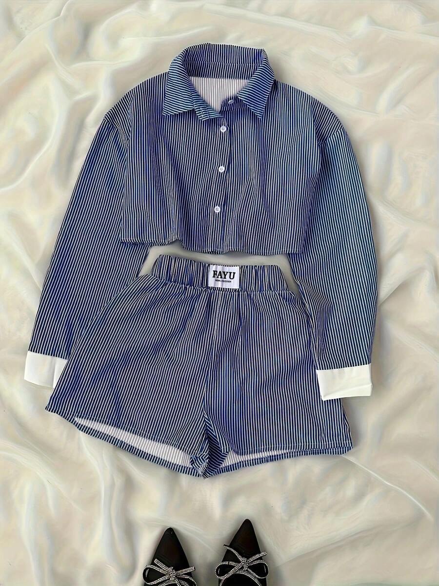 Women's Preppy Striped 2 Pieces Set, Short Long Sleeve Shirt With Elastic Waist Shorts, Suitable For Summer Elegant - Blue and White - View 1