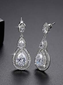 1 par de pendientes colgantes de mujer de estilo occidental con circonita cúbica brillante en forma de lágrima, de lujo, adecuados para novia, compromiso, boda, banquete y fiesta, joyería de cobre - Plateado - Ver 5