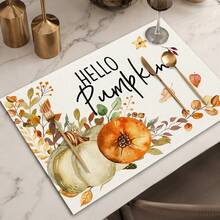 1件裝秋季南瓜楓葉植物印花仿亞麻餐墊，Hello Pumpkin長方形餐盤墊，適用於居家廚房、餐廳、感恩節派對與豐收季節餐桌裝飾 - 彩色 - 查看 3