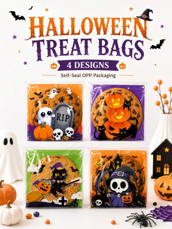 100 buah Kantong Permen Halloween, 4 Desain Campuran, Kantong Hadiah Motif Kucing Hitam, , Hantu, Tengkorak, Penyihir, Cocok untuk Suvenir Pesta Halloween, Kemasan Permen, Kue, Makanan Penutup, Hadiah, dan Acara Rumah Hantu