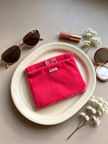 Miu Miu Vintage Rose Red Velvet Snap Button Makeup Bag, Portable Large Capacity Travel Organizer, Highly Attractive Personal Makeup & Skincare Storage Bag, Birthday & Anniversary Gift - Hot Pink - View 2