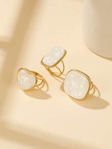 1/3pcs Stainless Steel Women's Vintage Resin Shell Fragment Ring Set, Heart Square Rectangle Geometric Gold Adjustable Rings, Can Be Purchased As A Set Or Individually Selected By Style And Size, Suitable For Daily Wear And Party Accessories - Yellow Gold - View 2