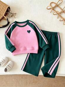 Baby Girl Bow Pattern Print Round Neck Long Sleeve Top And Pants - Pink - View 2