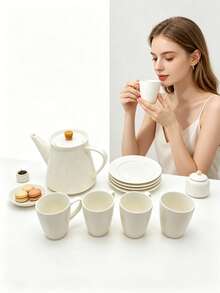 White Vertical Striped Ceramic Tea Set, Includes One Pot, Four Cups And Saucers, Smooth Ceramic Easy To Clean, Minimalist Solid Versatile Style, Suitable For Tea Room Display, Coffee Serving And Entertaining Relatives And Friends For Afternoon Tea. - Multicolor - View 1