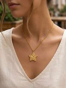 RAYQUEEN 1pc Stainless Steel Vintage Textured Five-Pointed Star Pendant Gold Necklace For Women, Suitable For Daily Wear - Gold - View 2