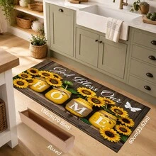 1pc Country Farmhouse Sunflower HOME Letter Print Kitchen Mat, God Bless Our Home Wood Grain Butterfly Pattern Polyester Doormat Floor Rug, Suitable For Kitchen, Entryway, Living Room, Bedroom And Home Decor - Multicolor - View 9