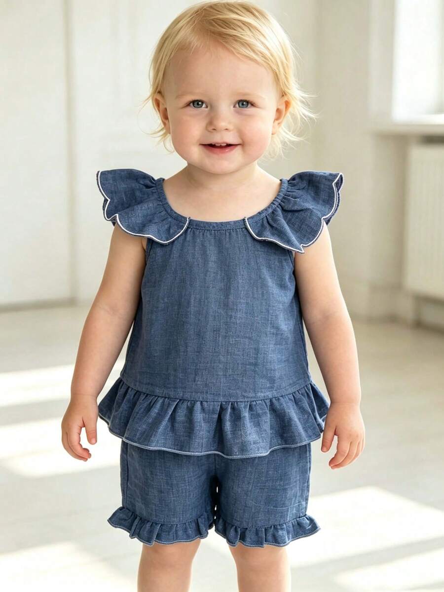 Conjunto de verano de efecto denim para bebé, con mangas acampanadas y diseño de volantes en el bajo, transpirable y versátil - azul real - Ver 1