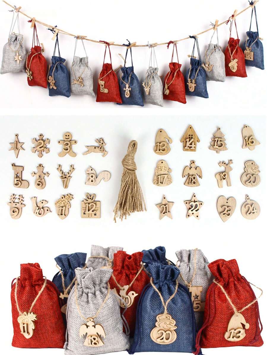 24pcs Wooden Christmas Countdown Calendar Ornament Featuring Numbers 1 Through 24 And An Attached Hanging Cord; Suitable For Holiday Party Favors, Home Decor, And Festive Styling-A Must-Have For Christmas Tree Decoration. - Multicolor - View 1