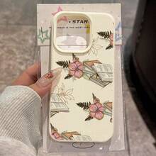 1pc TPU Material Pink Flower Vintage Book Pattern Phone Case Compatible With Iphone 17 Pro Max/17/16 Pro Max/15/13/12/11/ S20 FE/A15/S24/A55/ Note 11/Note 12/Note 13 Pro Full Coverage Anti-Drop Soft Shell Phone Protective Cover - White - View 1