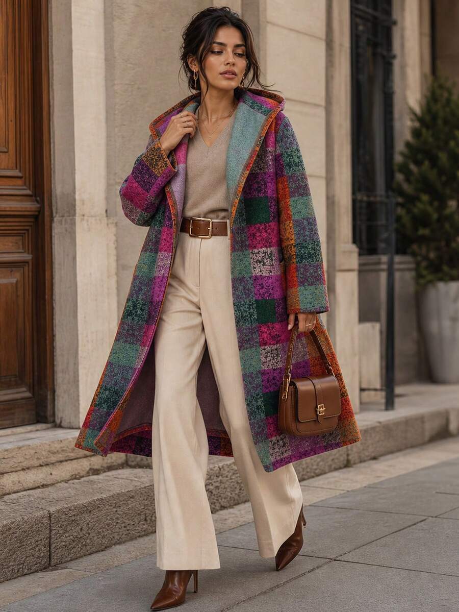 女款秋冬長袖口袋不對稱格紋印花輕量連帽開襟衫,休閒時尚街頭風格紋外套夾克 - 彩色 - 查看 1