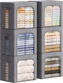 Lifewit Juego de 3 Cajas Rígidas para Armario con Cremallera, Organizador de Armario con Marco Metálico Plegable, Contenedores Apilables para Ropa, Edredones, Colchas, Gris, 75L FU0K - 6 - Ver 10