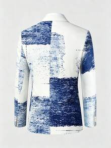 1pc Men's Blue & White Ink Wash Tie-Dye Print Slim Fit Blazer, Contrast Color Draped Fabric Slimming Versatile Artistic Style Suit Jacket For Stage Performance, Photoshoot, Party, Evening Banquet - Blue and White - View 3