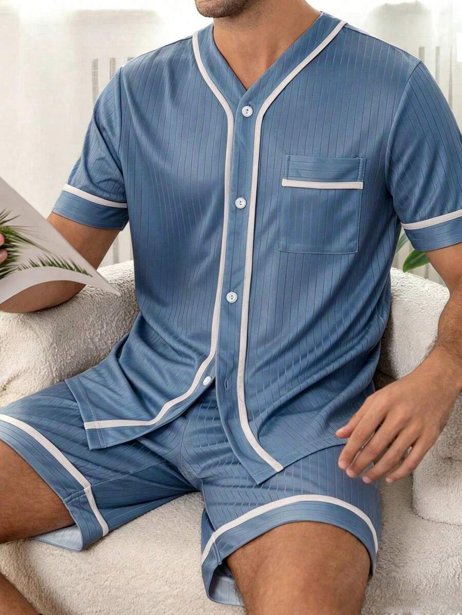 Men's Summer Thin V-Neck Cardigan Style Solid Color Pocket Short Sleeve & Shorts 2-Piece Pajama Set, Gentle Premium Comfortable Loungewear - Blue - View 1