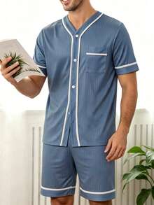 Men's Summer Thin V-Neck Cardigan Style Solid Color Pocket Short Sleeve & Shorts 2-Piece Pajama Set, Gentle Premium Comfortable Loungewear - Blue - View 4