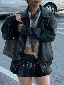 Women's Oversized Collared Faux Leather Bomber Jacket,Fall Clothes,Jackets Zip Up - Black - View 3