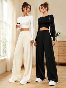 2pcs/Set Women's Straight Leg Pants, Elastic High Waist Casual Wide Leg Pants, Solid Color, Wide Waistband, Women's Outdoor Sports Bottoms, Suitable For Indoor/Outdoor/Commute Wear, Yoga Fitness Apparel - Multicolor - View 2