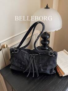1pc Lightweight Minimalist Canvas Denim Versatile Women's Shoulder Underarm Bag - Black - View 2