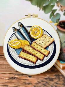 1件 20*20cm/7.9*7.9in 美味秋季刀魚刺繡套件，DIY手工刺繡套裝，適合成人初學者，居家禮物，女性縫紉禮物，含使用說明書、印花布料、刺繡框、針與線 - A - 查看 16