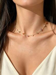 Boho Natural Mixed Crystal Chip Bead Chain Necklace, Adjustable Gold Color Healing Stone Choker For Women Daily Jewelry Gift - Multicolor - View 1