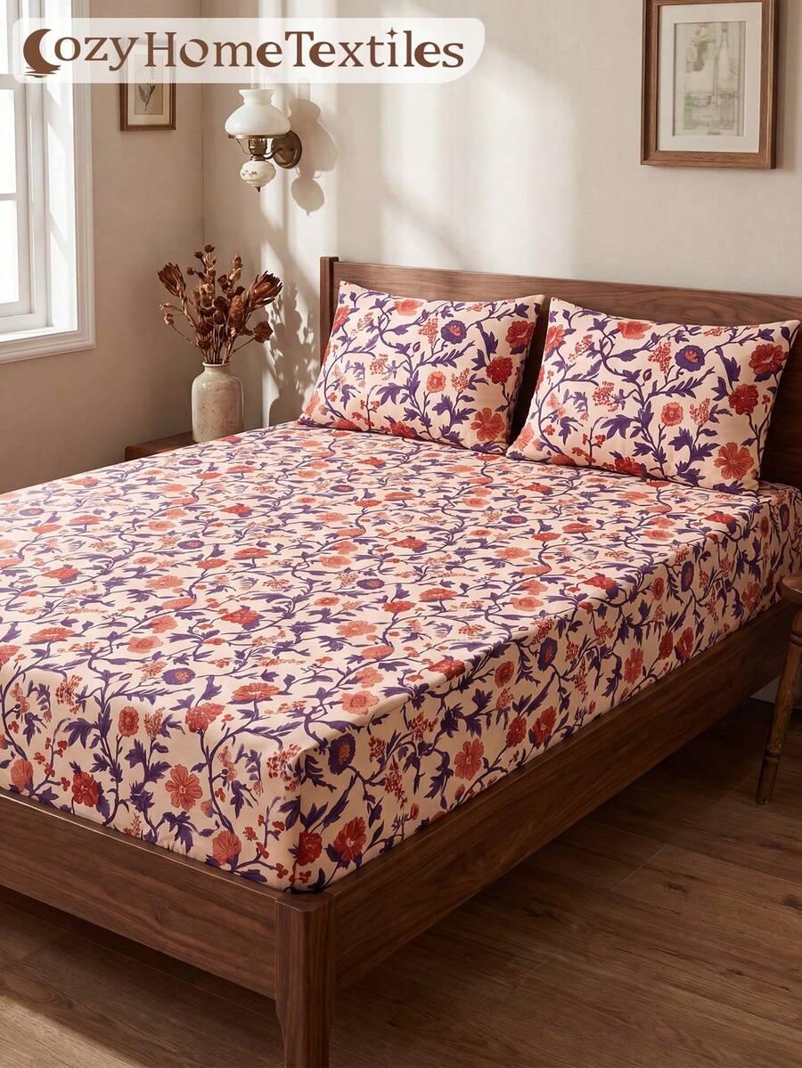 1pc Floral Pattern Fitted Sheet, Mattress Protector, Wrinkle-Resistant Breathable Soft, Suitable For All Bed Sizes, Ideal For School Dorm Bedding, Bedroom Decor, Pillow And Pillowcase Not Included, Machine Washable, Back To School - Multicolor - View 1