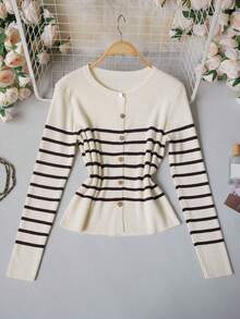French Style Round Neck Ribbed Knit Cardigan Women, Slim Fit Short Length Contrast Color Fine Ribbed Long Sleeve Outerwear, Versatile Commute Top - Apricot - View 8