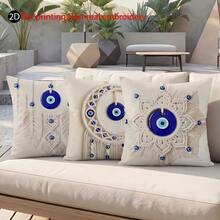 4pcs Evil Eye Macrame Textured Pillow Cover, Boho Style, Single-Sided 2D Print Non-Real Embroidery Soft Polyester Cushion Case, 45x45cm (18x18 Inch), Zipper Closure, Machine Washable, For Living Room Bedroom Home Decor (Pillow Insert Not Included) - Multicolor - View 6