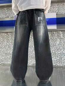 Young Boy Letter Patch Pocket Wide Leg Loose Casual Denim Jeans - Black - View 3