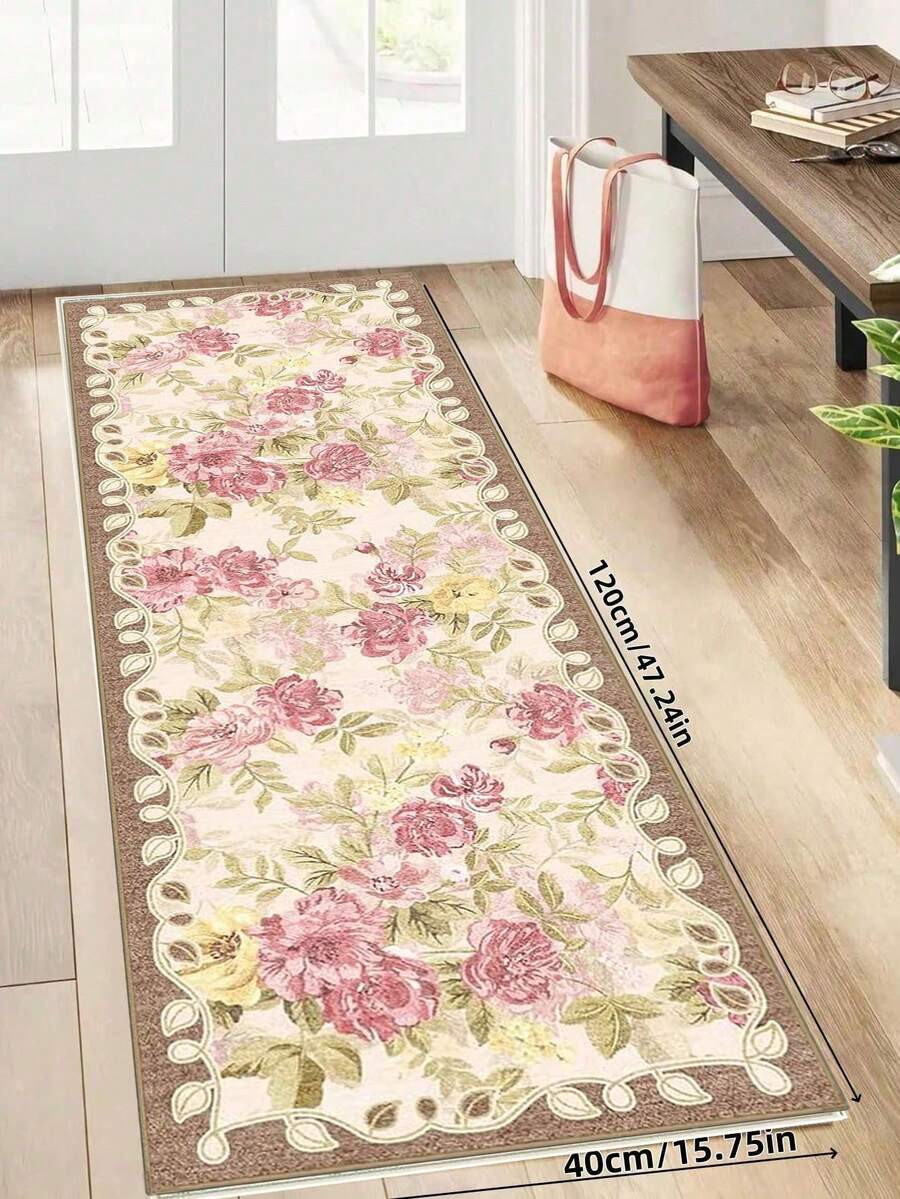 1 pieza Alfombra vintage floral para pasillo, alfombra antideslizante lavable a máquina para cocina interior, alfombra de estilo bohemio ultra suave, adecuada para pasillo, cocina, lado de la cama, entrada - Rosa vieja - Ver 1