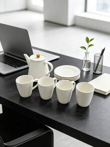 White Vertical Striped Ceramic Tea Set, Includes One Pot, Four Cups And Saucers, Smooth Ceramic Easy To Clean, Minimalist Solid Versatile Style, Suitable For Tea Room Display, Coffee Serving And Entertaining Relatives And Friends For Afternoon Tea. - Multicolor - View 6