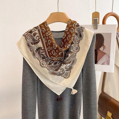 1pc Western Cowboy Bandana Vintage Paisley Print Square Scarf Linen Texture Bandana Boho Head Wrap With Corner Tassels For Women