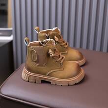 British Style Children's Yellow Boots With Side Zipper, No-Tie Retro Distressed Thick Sole Ankle Boots - Khaki - View 5