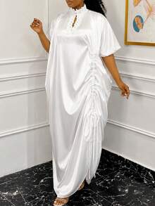 African Style White Loose Long Bubu Dress, Lace Collar, Batwing Sleeves, Side Drawstring Ruched Kaftan Dress, Suitable For Formal Church Occasions - White - View 9