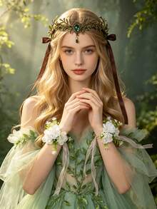 3pcs Forest Elf Branch Moon Headpiece Photography Flower Crown Headband Bride White Flower Wrist Corsage Set Cosplay Hair Accessory - Army Green - View 5