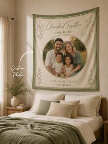 客製化照片家庭掛毯，可上傳照片，Cherished Together 植物風牆飾，綠色花卉聚酯纖維背景布，適用臥室、客廳，入厝、週年紀念、家庭慶祝，居家裝飾與有意義的禮物 - 彩色 - 查看 2