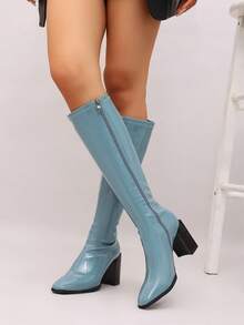 Fashionable Autumn/Winter Side Zipper Slimming Women's Knee-High Boots, Elegant Chunky Heel Light Blue Tall Riding Boots - Baby Blue - View 5