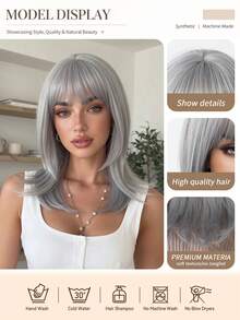 Topshe 16 Inch Light Pink & Silver Layered Cut Women's Wig With Bangs, Shoulder Length Straight Synthetic Fiber Wig, Heat Resistant Fashionable Hairstyle, Suitable For Halloween, Cosplay, Party, Costume Performance And Daily Wear - Multicolor - View 7
