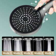 1pc Black/Silver Pressurized Handheld Shower Head, 5 Adjustable Water Spray Modes, Durable Water-Saving Plastic Shower Head, Modern Minimalist Universal Bathroom Accessory, Great Holiday Gift, Hose Not Included - 1 - View 7