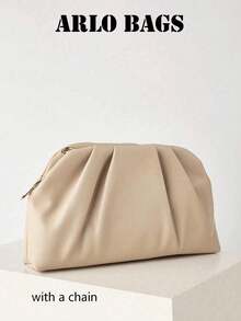 Cream Soft Ruched PU Clutch Bag, Horizontal Pleated Design With Dual Metal Zipper, Minimalist Large Capacity, Suitable For Weddings, Banquets And Date Nights - Apricot - View 4