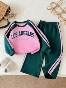 Young Girl Cartoon Letter Print Colorblock Crew Neck Long Sleeve Top And Pants - Dark Green - View 2