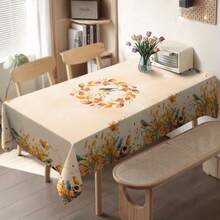 1pc Fall Blue Bird Maple Leaf Wreath Waterproof Tablecloth, Soft Rustic Autumn Wildlife Rectangular Table Cover, Farmhouse Cottage Seasonal Home Decor - Orange - View 5