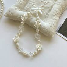 Ins Style Bow White Rose Pearl Phone Lanyard, Fashionable Versatile Universal Phone Hanging Chain Anti-Loss Chain, Suitable For CCD Camera Lanyard, Earphone Case Lanyard, Car Key Chain Pendant, Water Bottle Lanyard, Bag Charm For Women - White - View 4