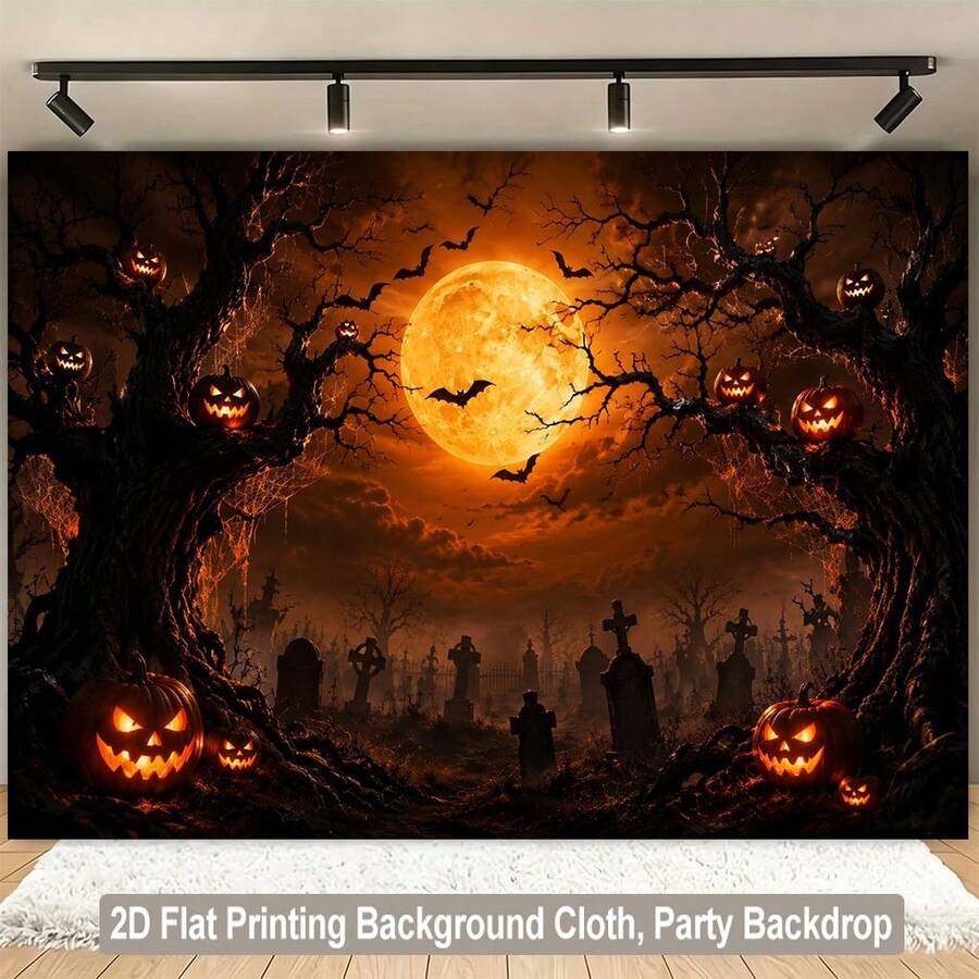 2d Flat Background Cloth, Halloween Pumpkin And Cemetery Scene Background Cloth, Wooden Wall, Hanging Ivy, Butterfly, Flowerpot, Shelf, Banner Background Suitable For Indoor Photo, Very Suitable For Halloween Banner Background. - 1 - View 1