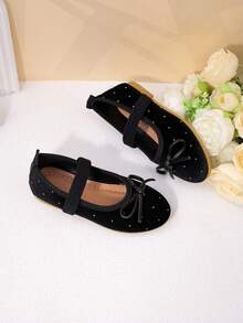 Girls' White Satin Pearl Bow Mary Jane Flats, Princess Style Formal Dress Shoes For Kids - Black - View 3