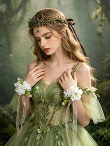 3pcs Forest Elf Branch Moon Headpiece Photography Flower Crown Headband Bride White Flower Wrist Corsage Set Cosplay Hair Accessory - Army Green - View 4