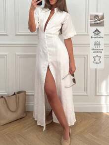 Plus Size Women Linen Elegant Vintage Style Casual Commute Minimalist Office Daily Linen Dress, Summer Dresses, Elegant Dresses For Women White - White - View 1