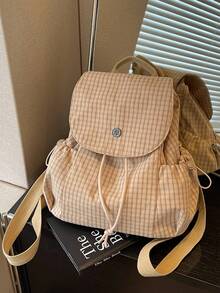 Korean Style Fresh Plaid Drawstring Flap Backpack, Minimalist Japanese Small Grid Fabric Bag, Lightweight Wear-Resistant Multi-Pocket Student School Shopping Outdoor Travel Casual Versatile Backpack For Girls - Multicolor - View 14