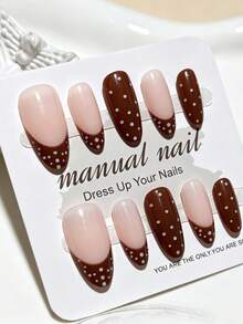 10 buah Kuku Palsu Buatan Tangan Warna Almond Gradien Cokelat Polka Dot Lucu Minimalis Elegan - MultiWarna - View 4