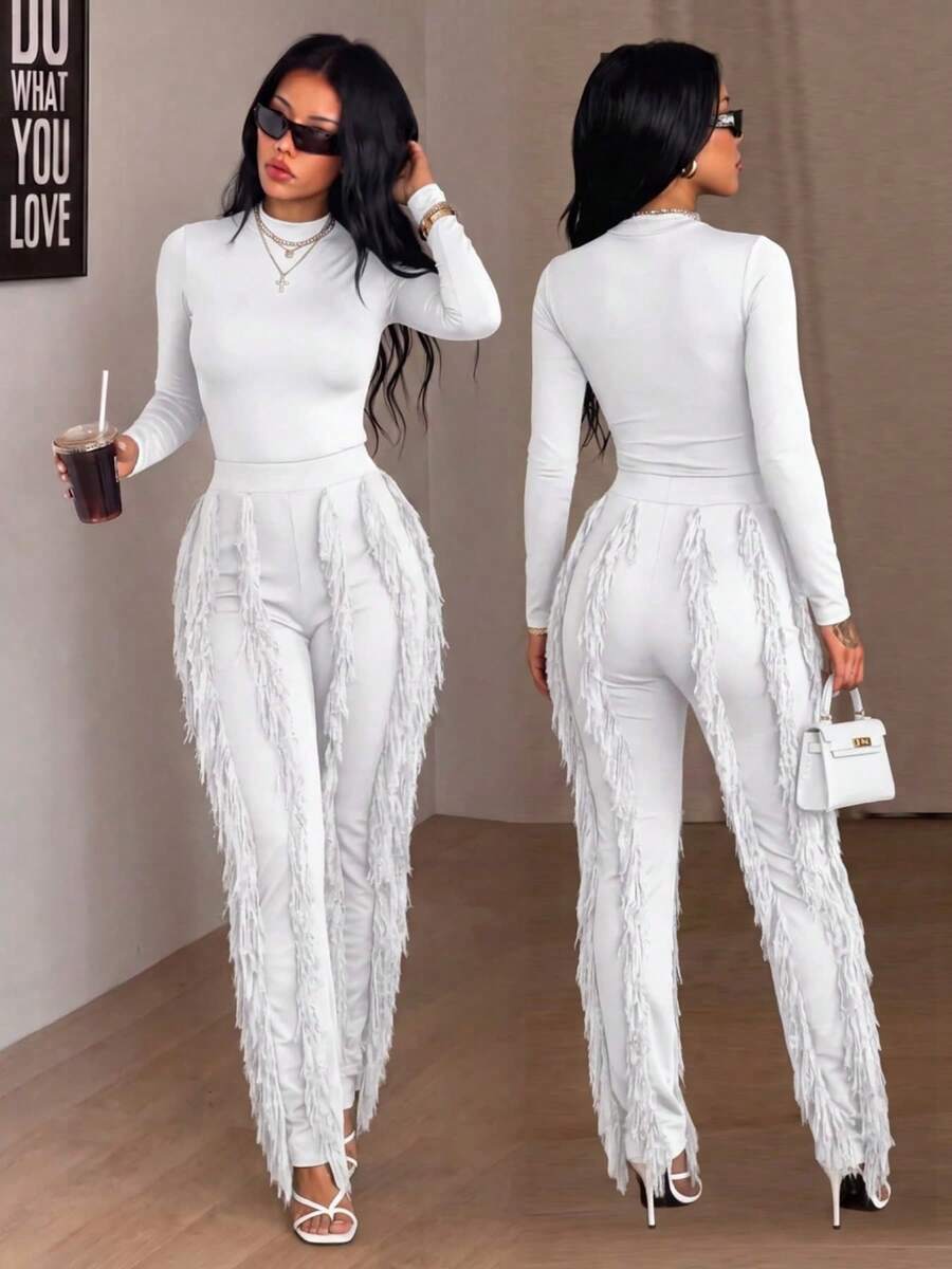 CALEBGAR Women's Sexy Two Piece Outfits Long Sleeve Fringe Pants Set Clubwear Going Out Birthday Party Night Outfits - 白色 - 查看 1